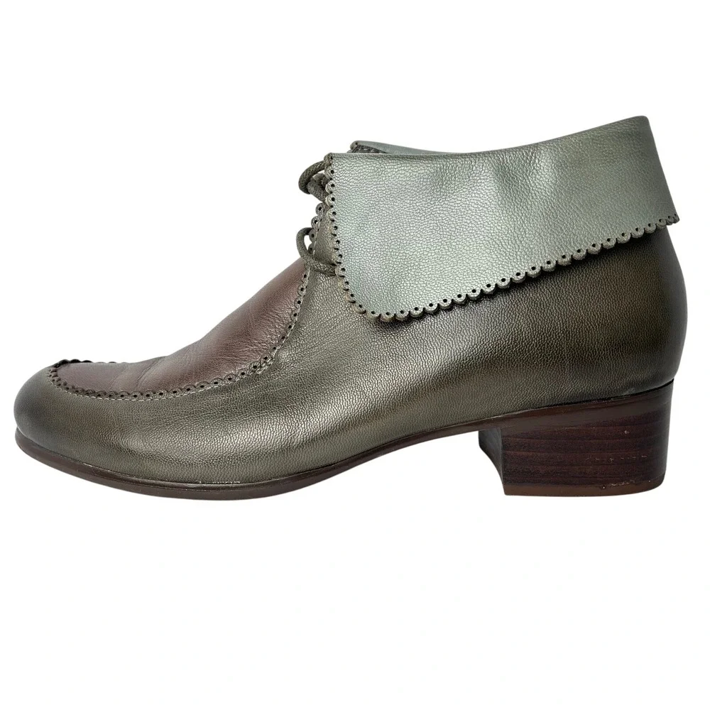 Mona Flying Leather Ankle Boots Block Heel Lace Up Scalloped Trim US 8.5,‎ EU 40